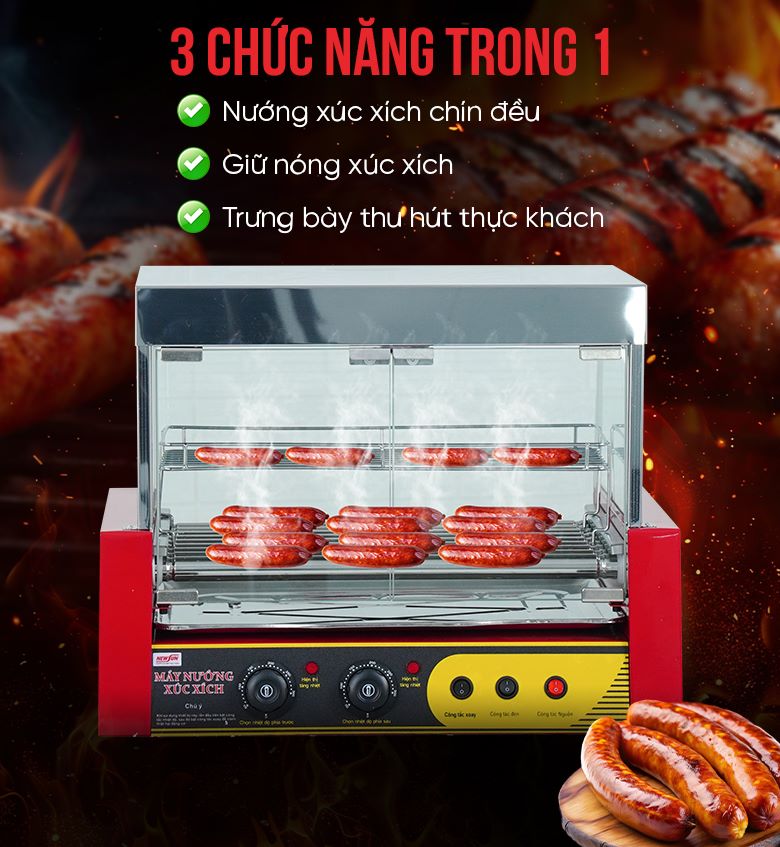 Bếp nướng xúc xích 11 thanh kính vuông Thiết kế hiện đại 3 chức năng trong 1
