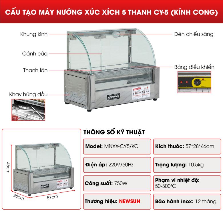 Bếp nướng xúc xích 5 thanh CY5 Cấu tạo bếp nướng xúc xích 5 thanh CY-5