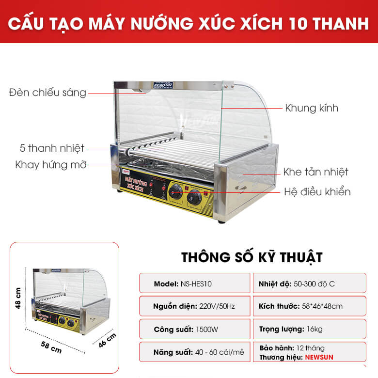 Máy nướng xúc xích 10 thanh Cấu tạo chi tiết máy nướng xúc xích 10 thanh
