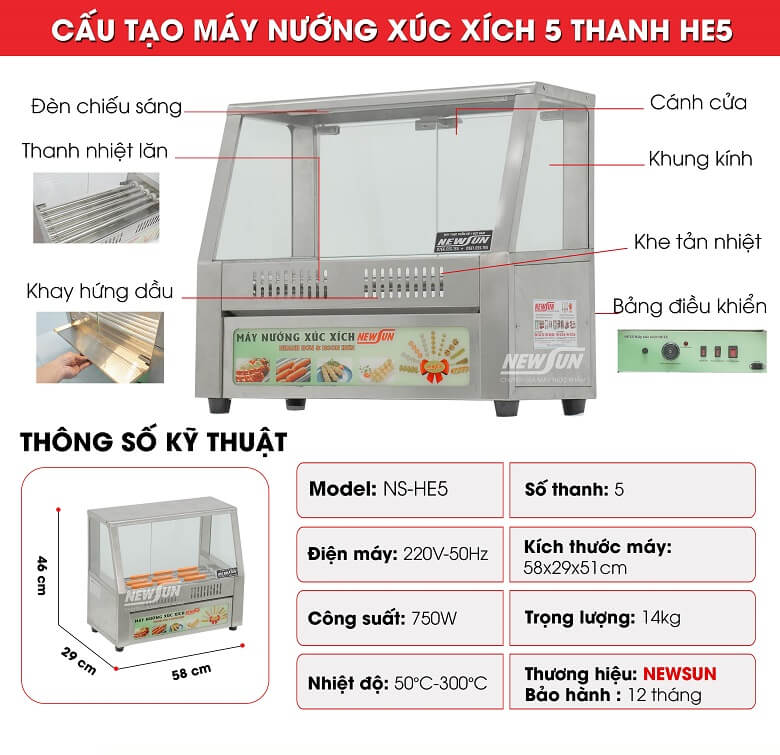 Lò nướng xúc xích 5 thanh HE5 Cấu tạo của lò nướng xúc xích 5 thanh HE5
