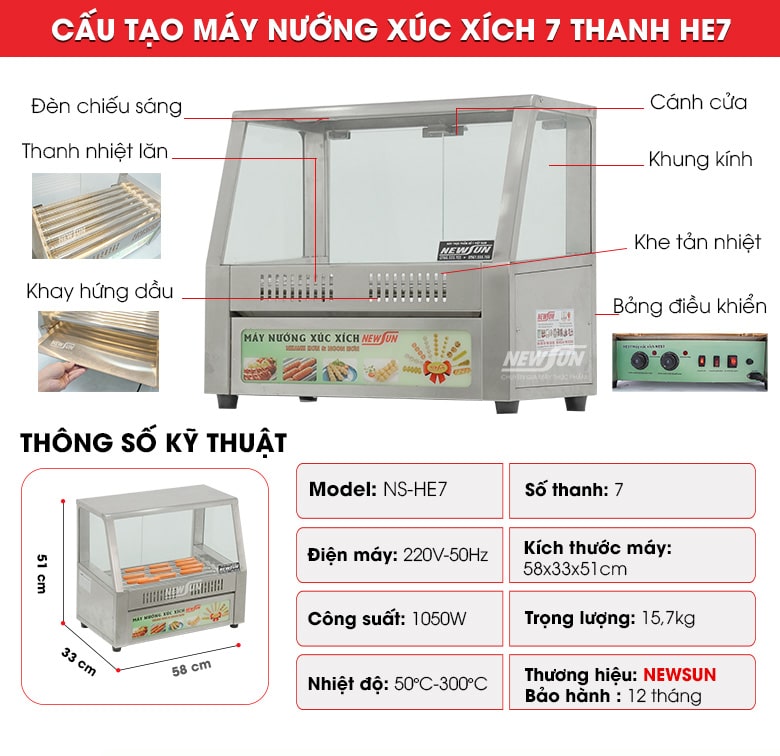 Lò nướng xúc xích 7 thanh HE7 Cấu tạo máy nướng xúc xích 7 thanh HE7