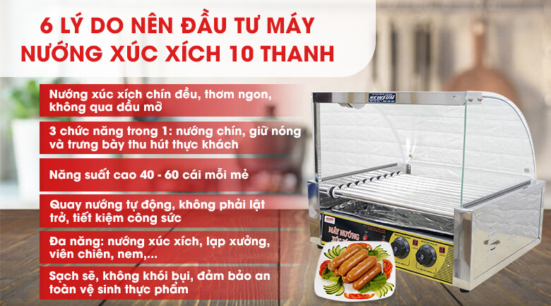 Máy nướng xúc xích 10 thanh Những lợi ích không thể bỏ qua của máy nướng xúc xích 10 thanh