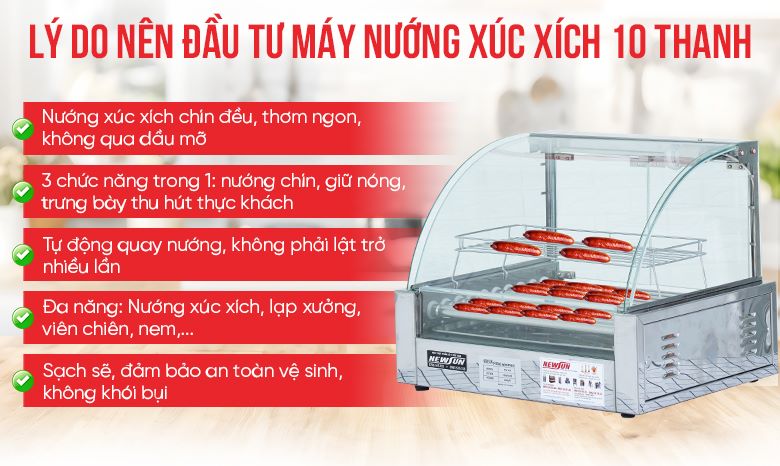 Lò nướng xúc xích 10 thanh CY10 Sử dụng lò nướng xúc xích 10 thanh CY10 đem lại rất nhiều lợi ích
