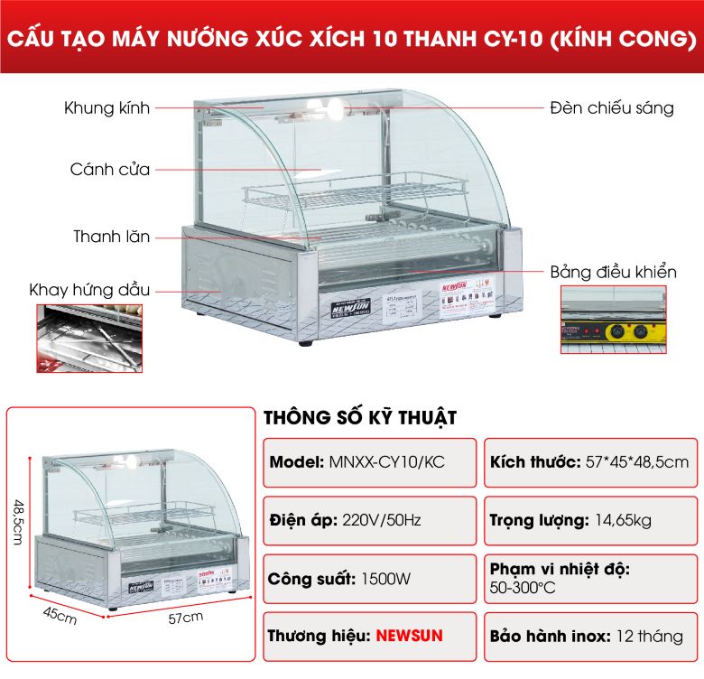 Lò nướng xúc xích 10 thanh CY10 Thông số kỹ thuật và các bộ phận của lò nướng xúc xích 10 thanh CY10