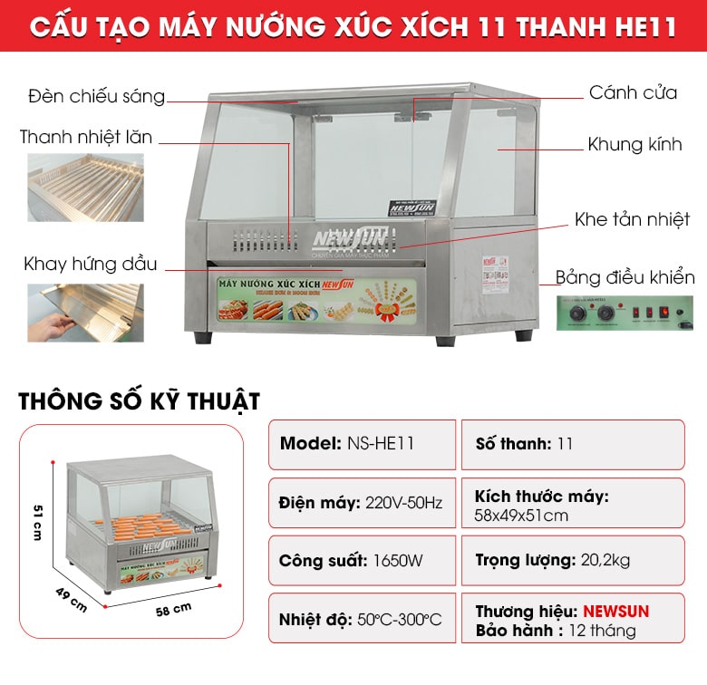 Máy nướng xúc xích 11 thanh HE11 Cấu tạo và thông số kỹ thuật máy nướng xúc xích 11 thanh HE11