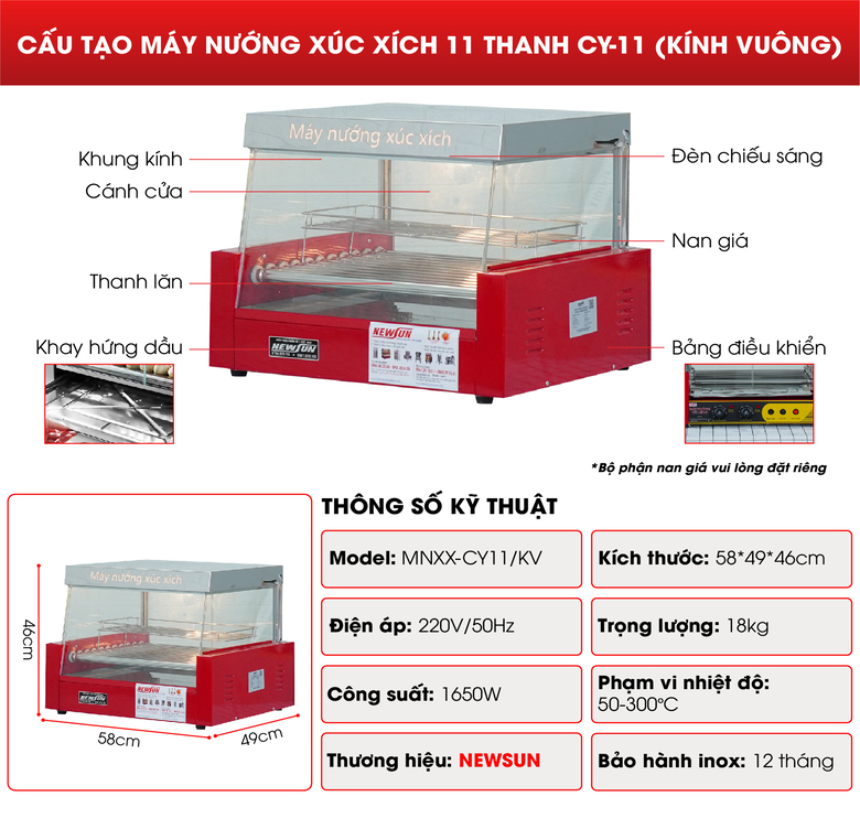 Cấu tạo của bếp nướng xúc xích 11 thanh kính vuông Cấu tạo của bếp nướng xúc xích 11 thanh kính vuông