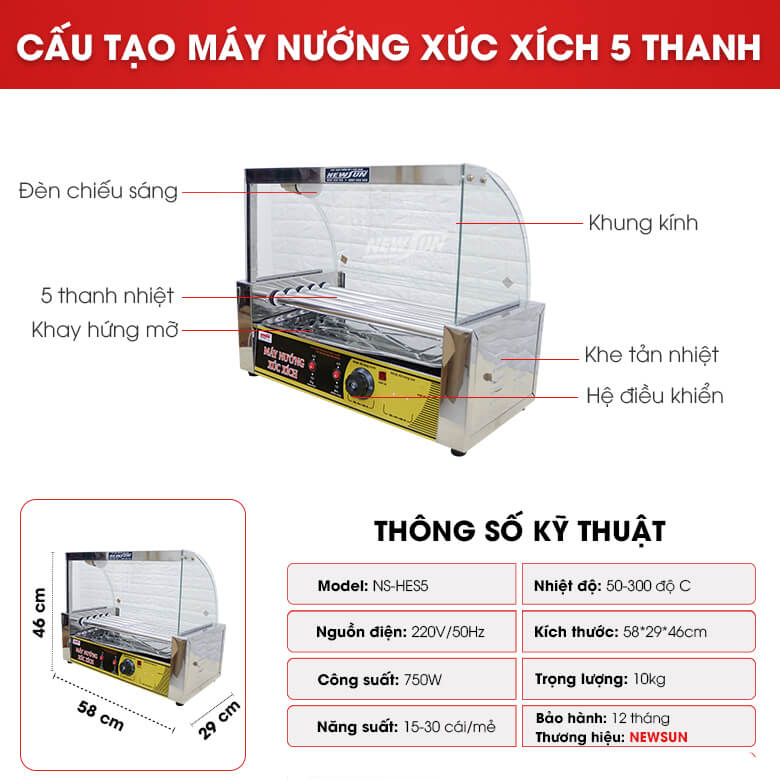 Máy nướng xúc xích 5 thanh Cấu tạo máy nướng xúc xích 5 thanh