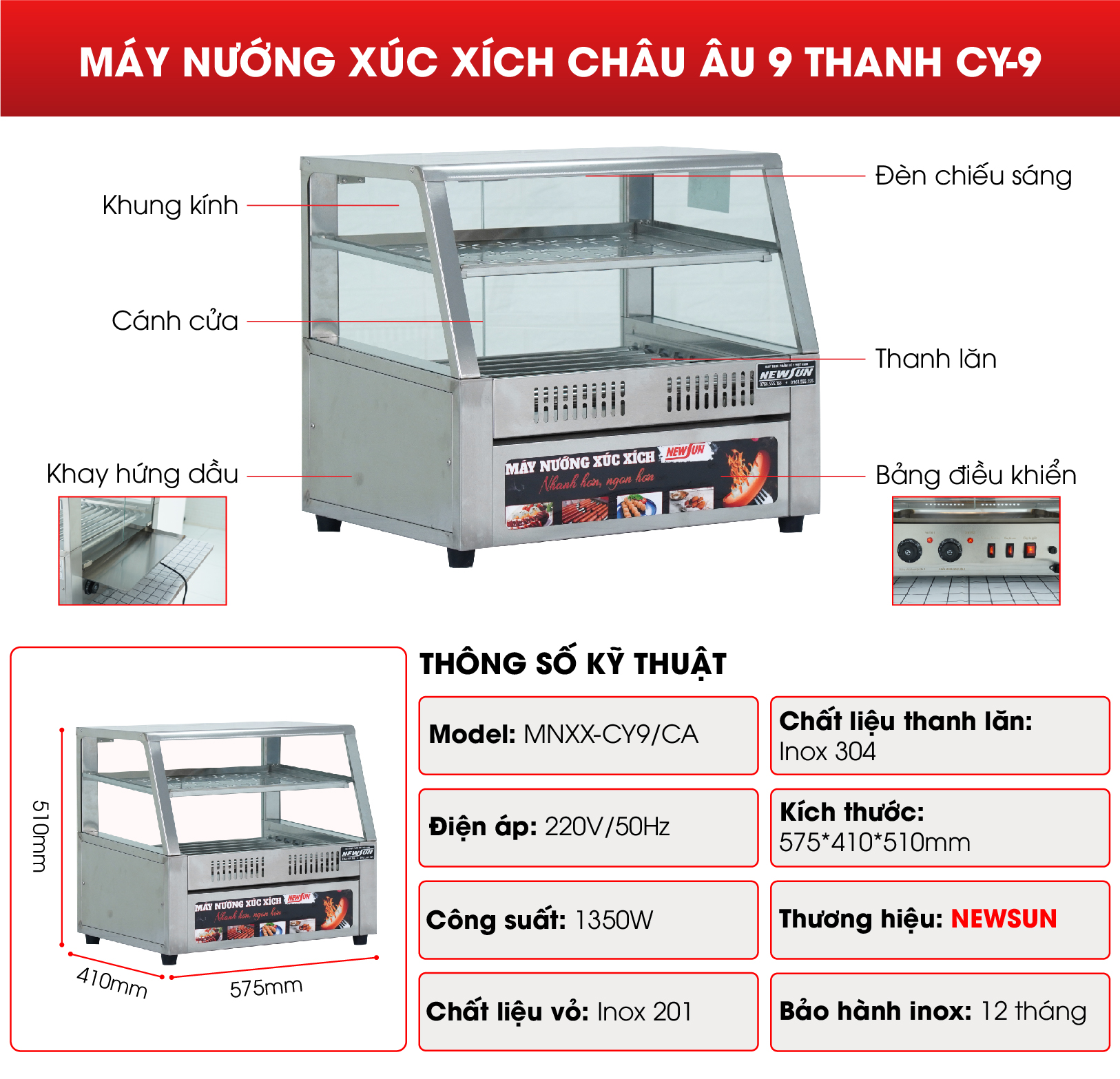 Máy nướng xúc xích 9 thanh CY9 Thông số kỹ thuật và cấu tạo của máy