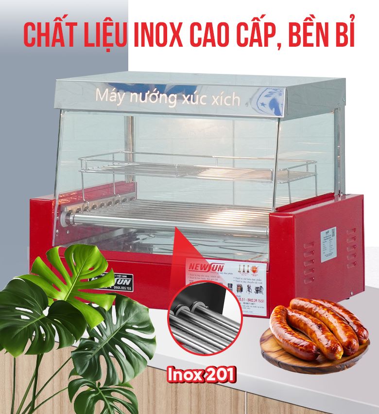 Lò nướng xúc xích 9 thanh kính vuông Lò nướng xúc xích kính vuông sử dụng chất liệu inox 201 bền bỉ, cứng cáp