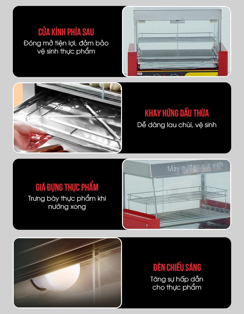 Lò nướng xúc xích 9 thanh kính vuông Các chi tiết nổi bật khác của lò nướng xúc xích 9 thanh kính vuông