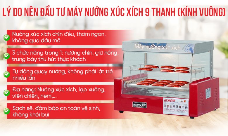Lò nướng xúc xích 9 thanh kính vuông Những tiện ích mà lò nướng xúc xích 9 thanh kính vuông mang lại cho người sử dụng