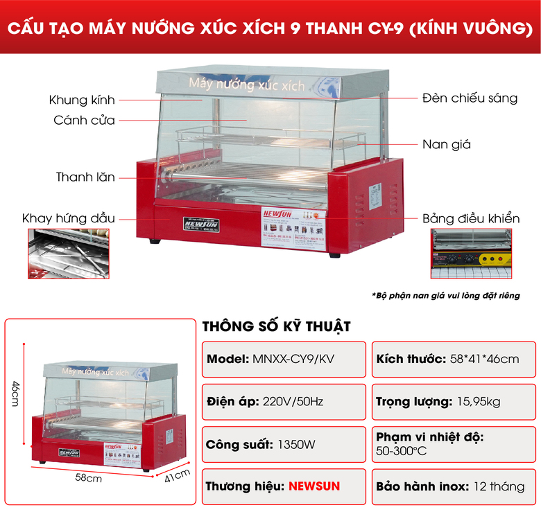 Cấu tạo và thông số kỹ thuật của lò nướng xúc xích kính vuông Cấu tạo và thông số kỹ thuật của lò nướng xúc xích kính vuông