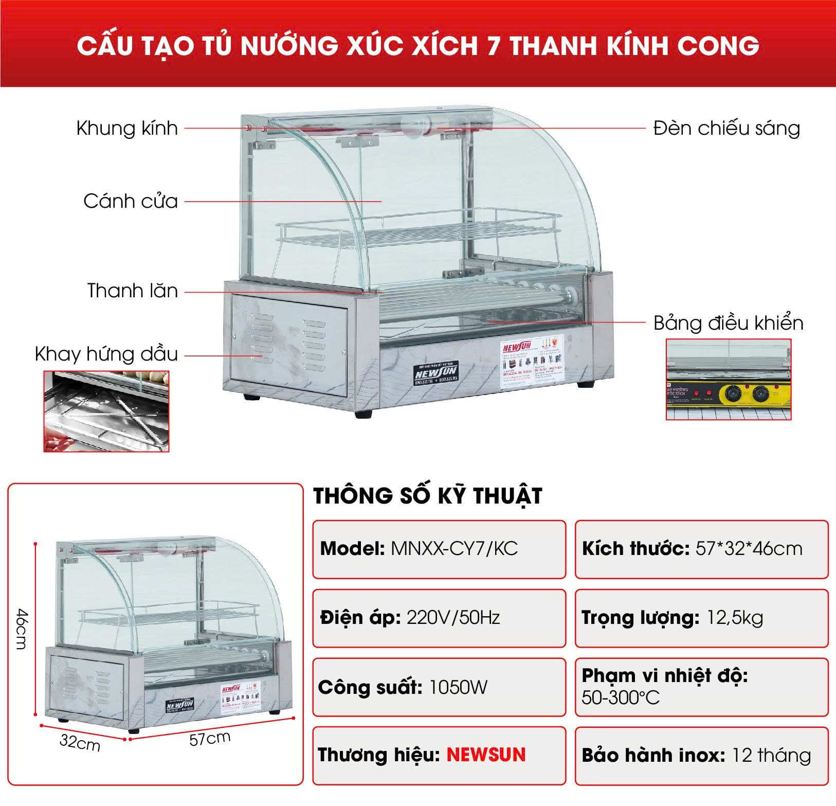 Tủ nướng xúc xích 7 thanh kính cong Cấu tạo Tủ nướng xúc xích 7 thanh kính cong