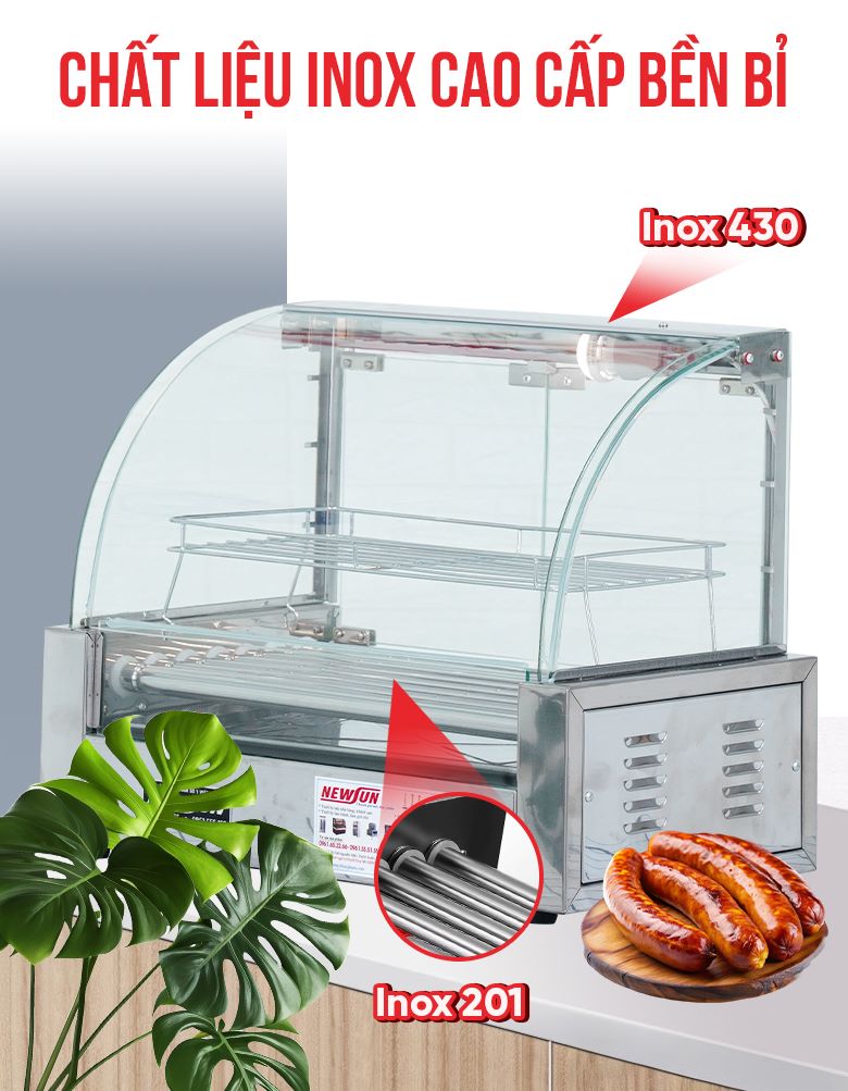 Tủ nướng xúc xích 7 thanh kính cong Chất liệu inox cao cấp