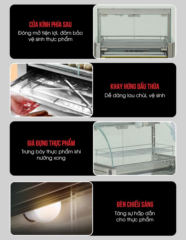 Tủ nướng xúc xích 7 thanh kính cong Một số chi tiết khác của tủ nướng