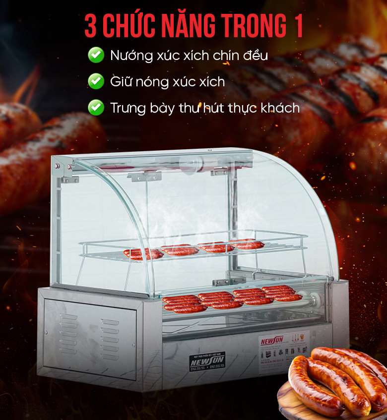 3 chức năng: nướng chín xúc xích, giữ nóng và trưng bày thu hút thực khách 3 chức năng: nướng chín xúc xích, giữ nóng và trưng bày thu hút thực khách