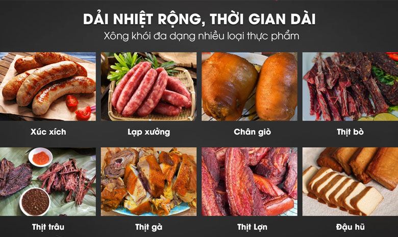 Dải nhiệt từ 0-200°C cho phép xông khói đa dạng nguyên liệu