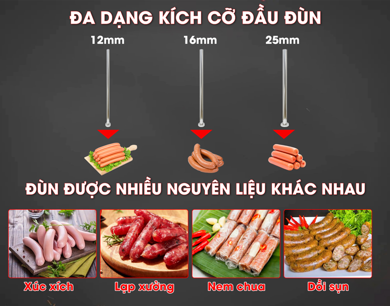 Trang bị linh hoạt với 3 kích cỡ đầu đùn phổ biển là 12mm, 16mm và 25mm